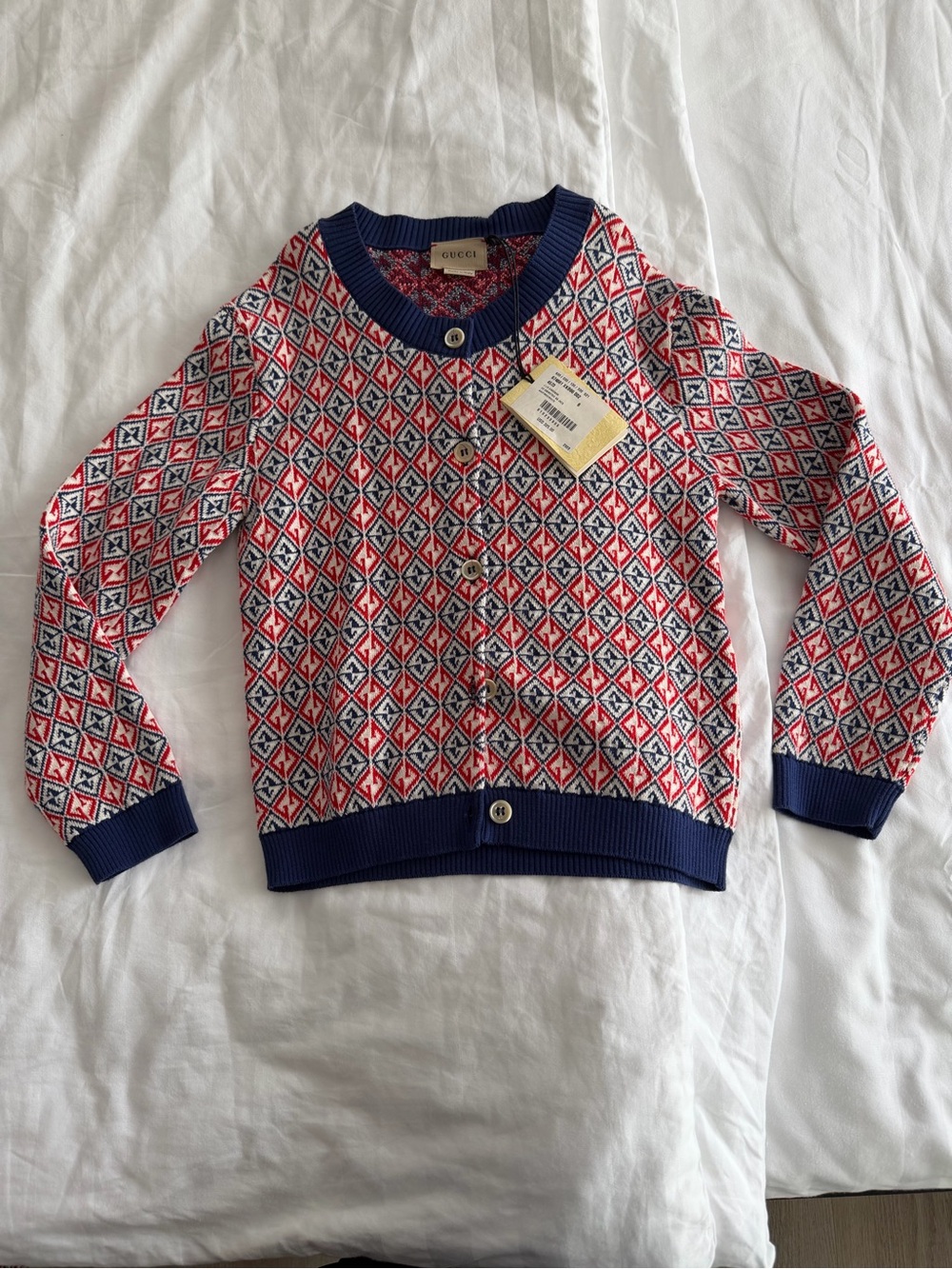 Gucci Kids Blue, Red & White Geometric Knit Cardigan